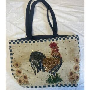 Vintage Rooster Tapestry Tote Bag Beaded Sequin Farmhouse Chicken Purse Cottage